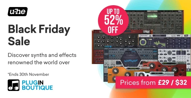 在U-He'S Diva、Repro、Hive 2、Satin等产品上节省高达52%的费用 1 U he black friday sale. Png